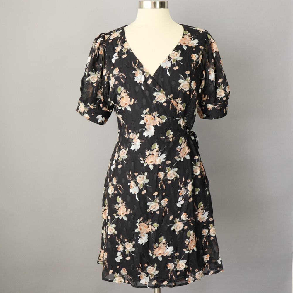 Lulus Dress Black Mini Floral Wrap V-Neck Garden Party brunch